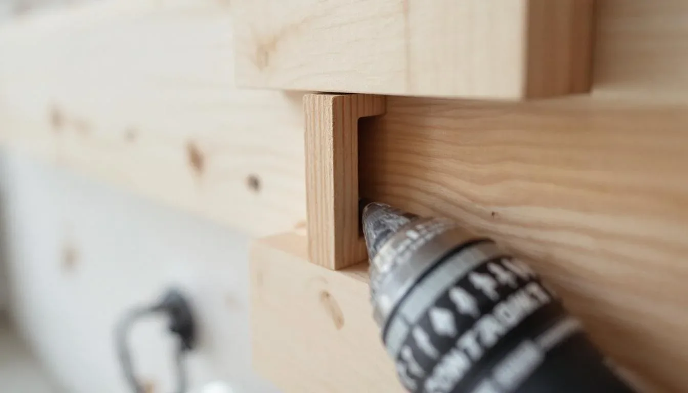 Close-up of a wooden French cleat shelf bracket being installed with a power drill into pine wood planks