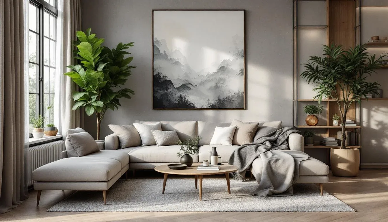Warm minimalist living room with neutral sectional sofa, wood coffee table, fiddle leaf fig plant, and misty mountain wa