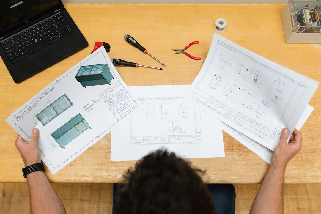 Engineer reviewing kitchen remodel layout blueprints and technical drawings on wooden desk with tools