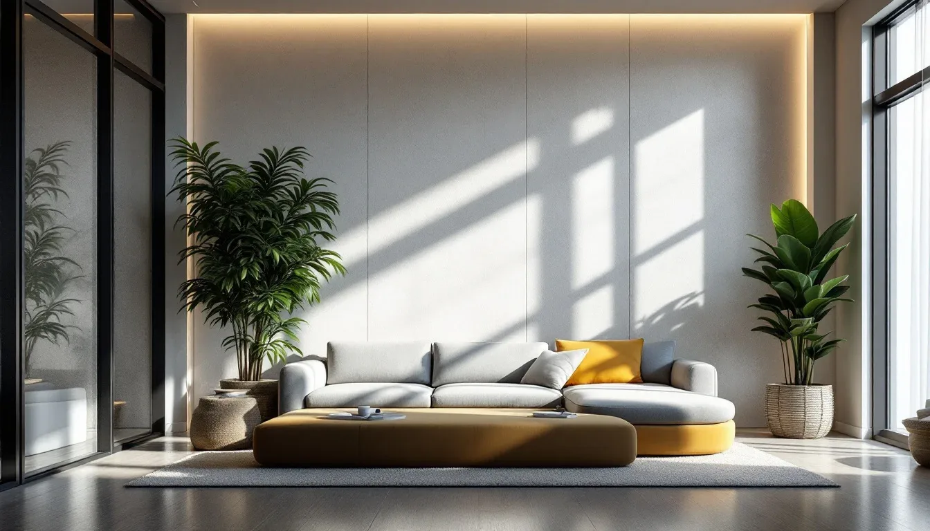 Modern living room with layered lighting including warm LED cove light and natural sunlight casting dramatic wall shadow