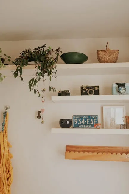 White floating shelves styled with thrifted vintage cameras, Connecticut license plate, plants, and wicker basket in cur