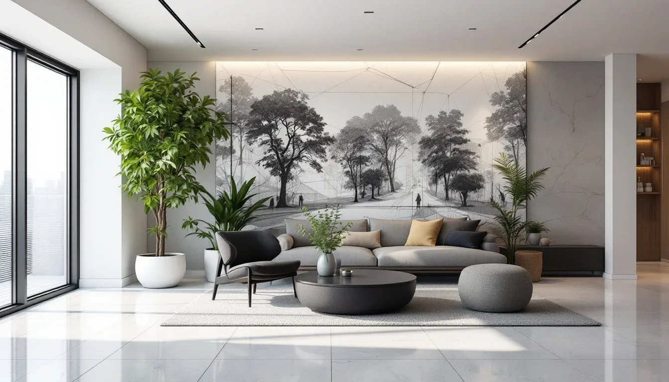 Modern living room with distinct seating zones, gray sofa, accent chair, round coffee table and indoor plants on marble 