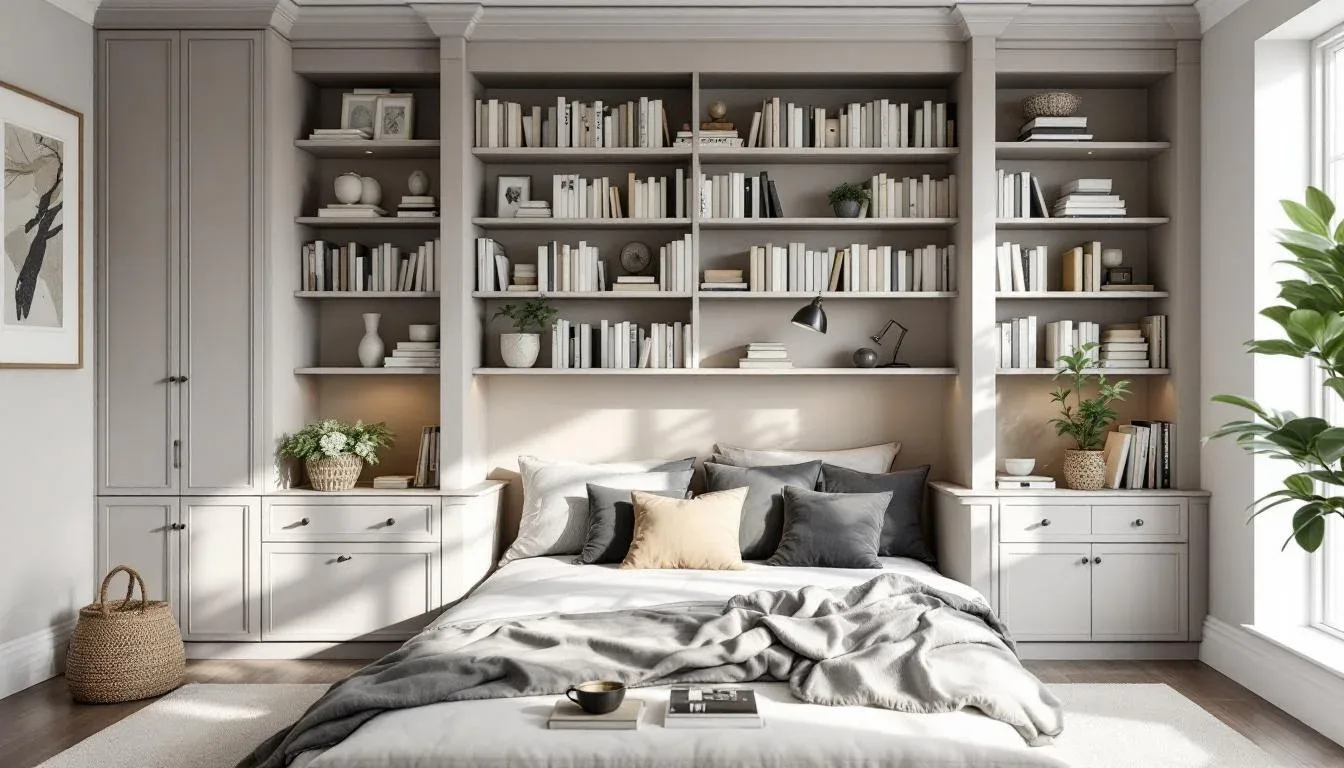 Cozy bedroom book nook with built-in floor-to-ceiling bookshelves, gray cabinetry, and neutral bedding