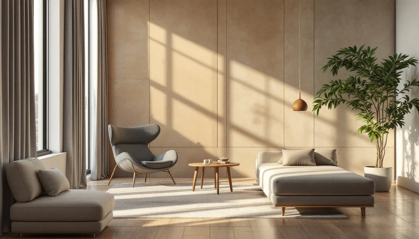 Minimalist living room with natural light, modular sofa, accent chair, and indoor plant for furniture arrangement inspir