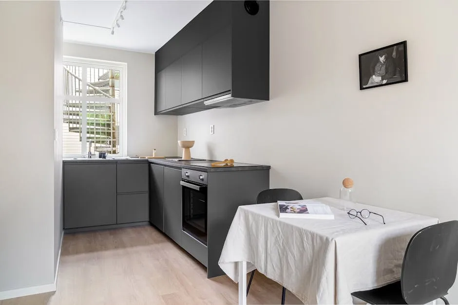 Modern minimalist kitchen with dark matte cabinets, integrated oven, and limited overhead lighting in small apartment