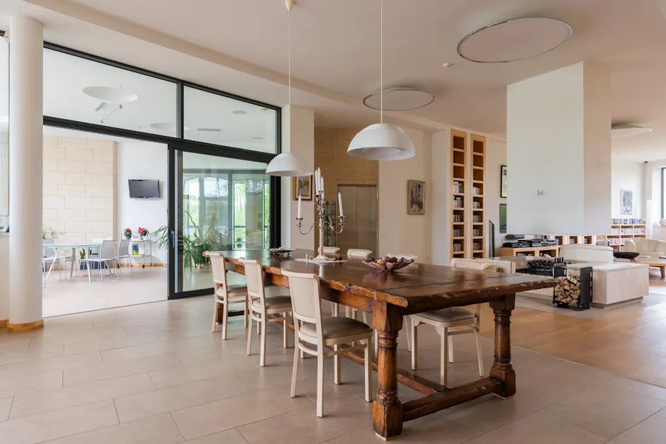 Oversized open-plan dining room with large wooden table, white chairs, and vast empty floor space in modern home