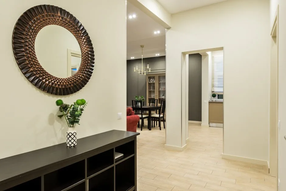Hallway pass-through leading to dining room with dark table and chandelier in open-plan home layout