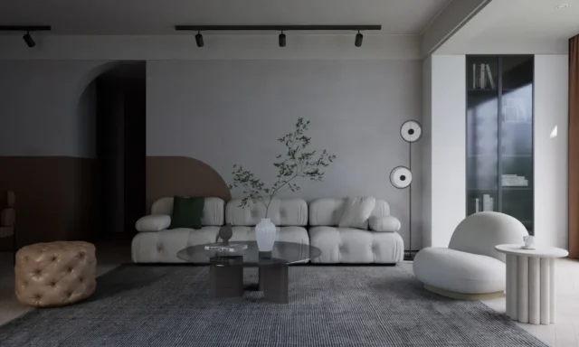 Minimalist living room with white tufted sofa, rou