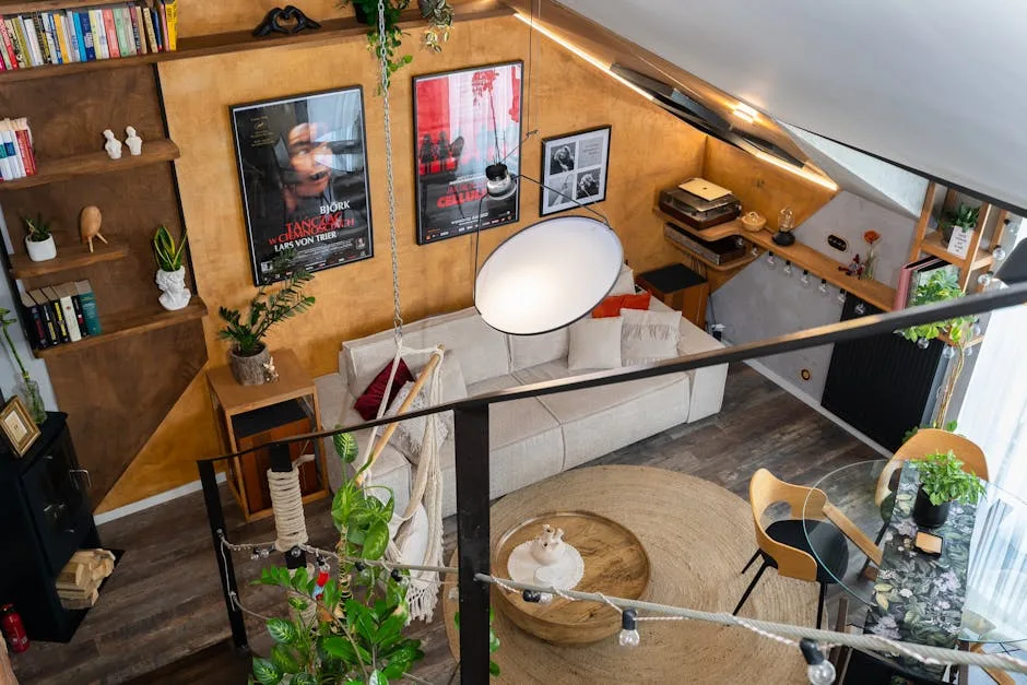 Loft living room viewed from above showing oversized floor lamp, low ceiling, and layered decor with bohemian styling