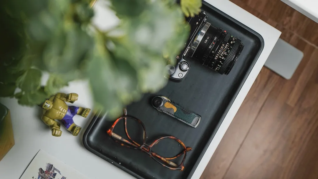 Black desk tray styled with Sony camera, tortoiseshell glasses, camo keychain, and Hulk figurine beside a plant