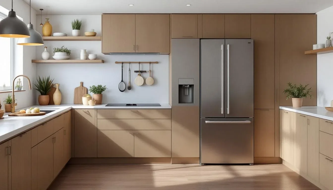Modern kitchen with stainless steel French door refrigerator beside cabinetry showing narrow side gaps and six-inch zone