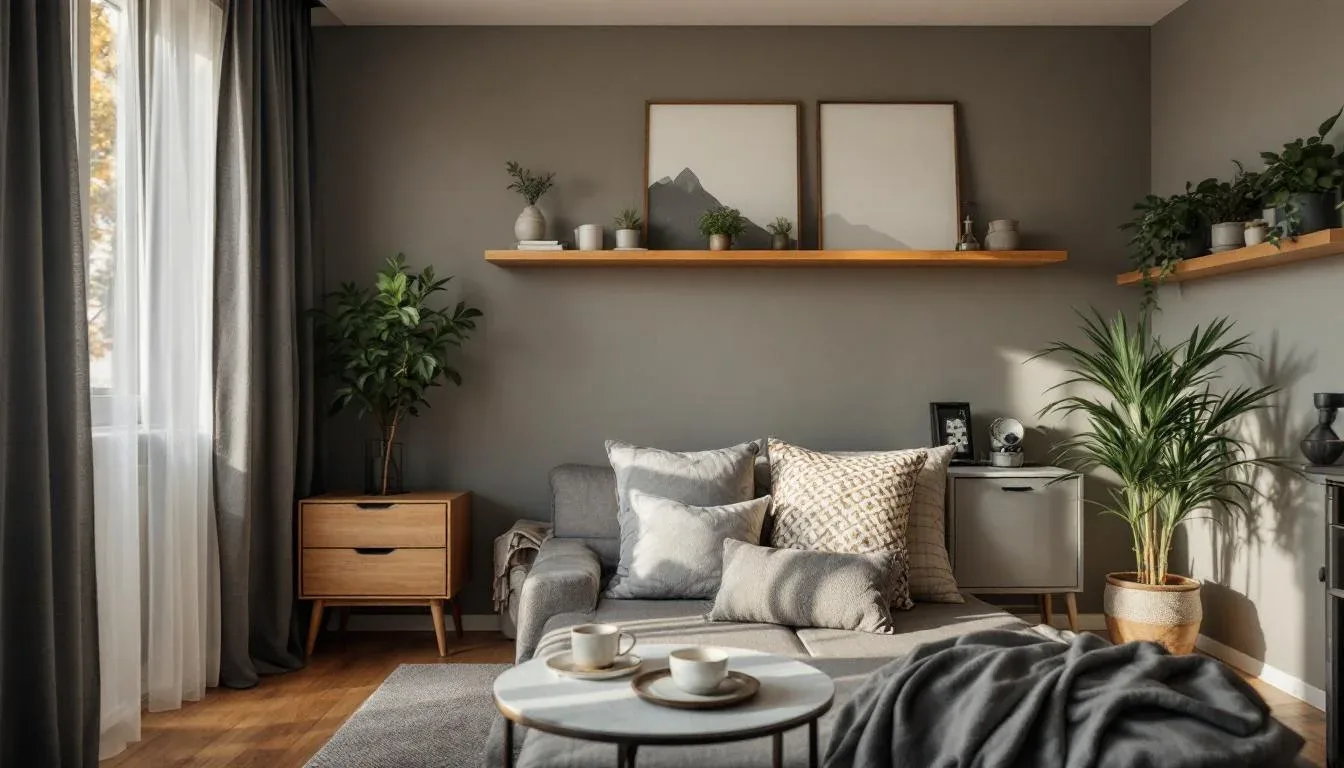 Small Scandinavian living room with gray sofa, floating wood shelves, indoor plants, and layered cushions in neutral ton