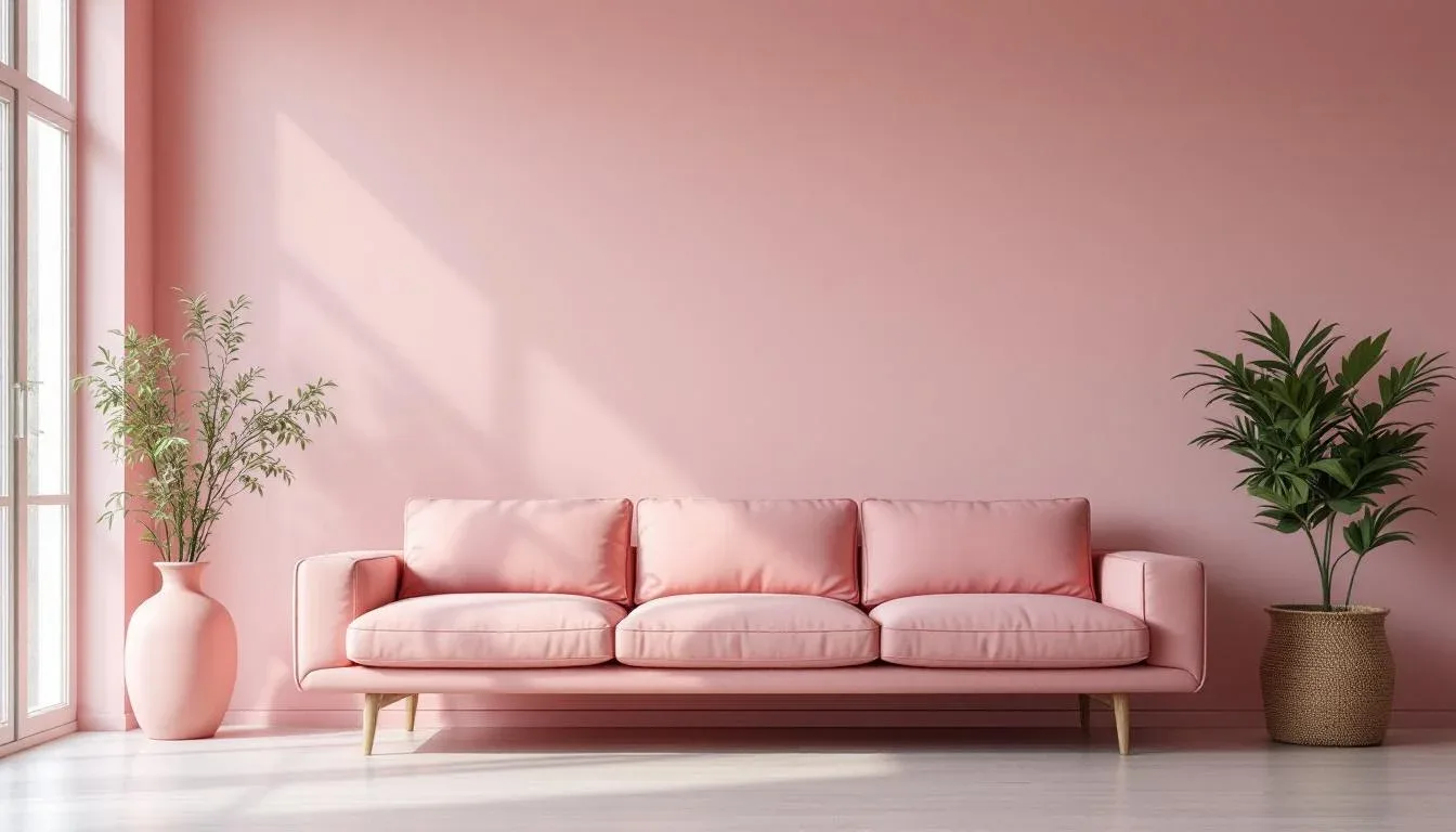 Pink pastel living room with matching sofa, blush walls, and green potted plants in a minimalist interior design