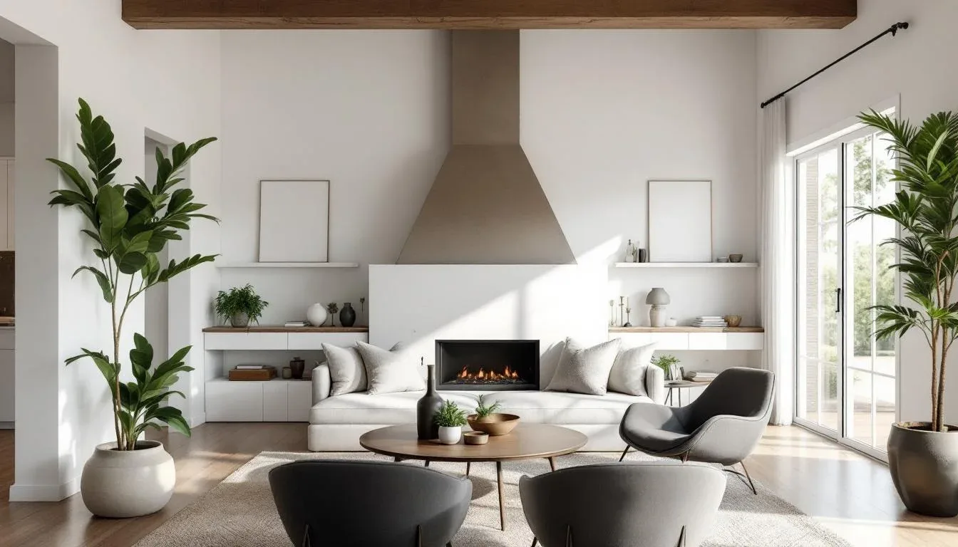 Modern farmhouse living room with fireplace, white walls, wood beams, neutral furniture and large indoor plants