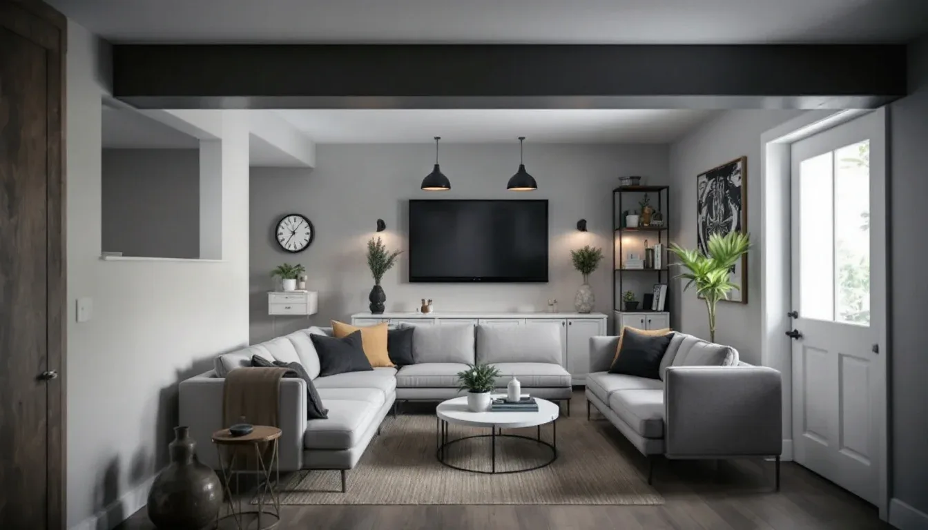 Finished basement living room with gray sectional sofa, pendant lights, dark ceiling beam, and modern TV wall