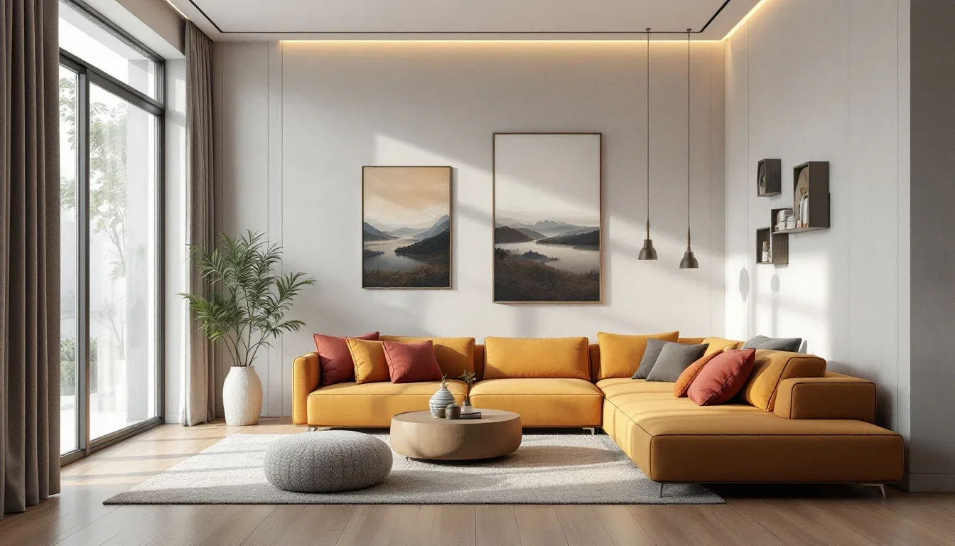 Modern living room with mustard sectional sofa, layered cushions, round coffee table, wall art, and pendant lights
