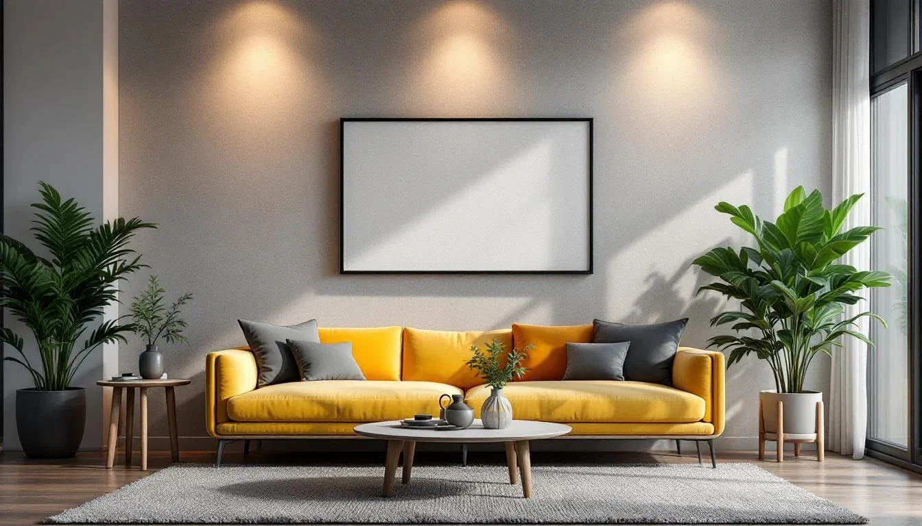 Modern living room with accent spotlights illuminating textured gray wall above yellow sofa with shadow play