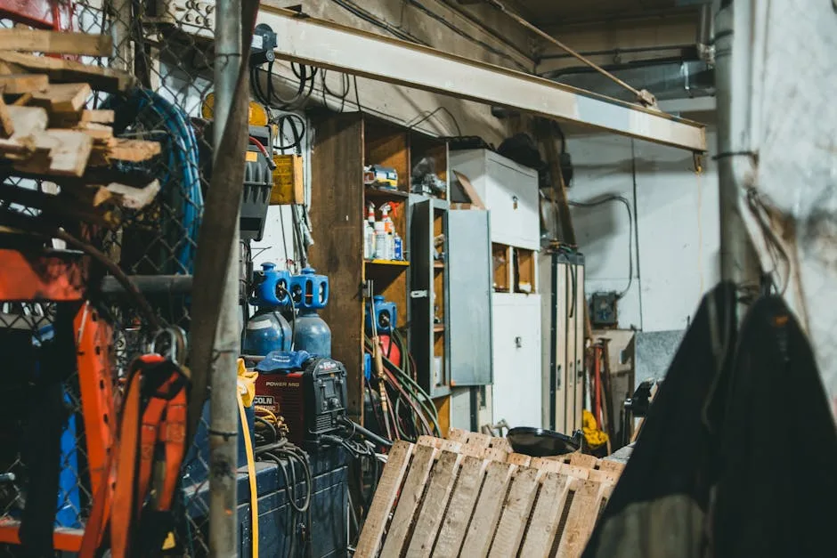 Cluttered industrial workshop with welding equipment, gas cylinders, tools, and exposed wiring showing hard material ove