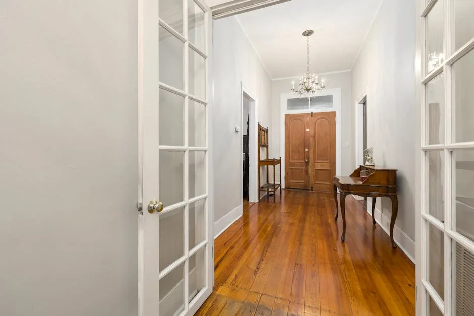 Classic home entryway hallway with hardwood floors, French doors, chandelier, and antique console table