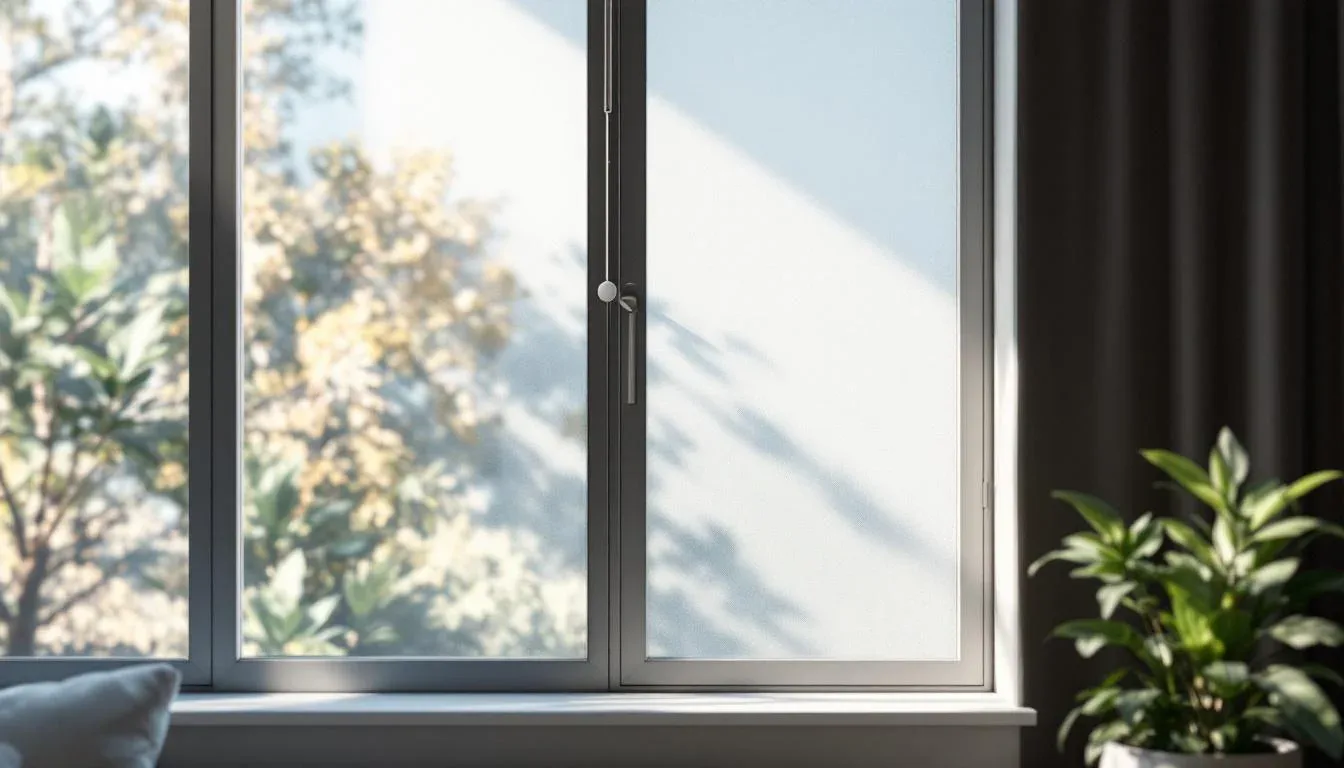 Double-pane window with frosted glass panel and dark frame letting in natural light with tree views and indoor plant