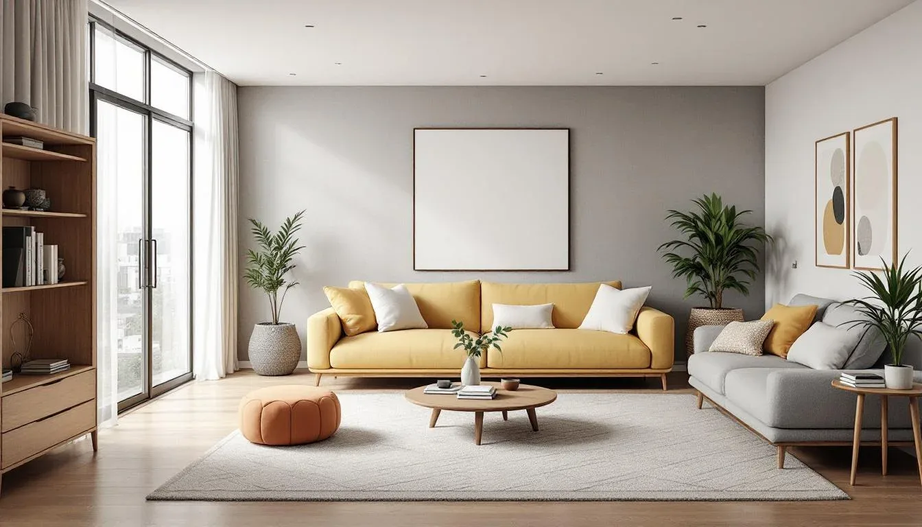 Modern Scandinavian living room with light wood flooring, yellow sofa, gray couch, and open floor plan layout