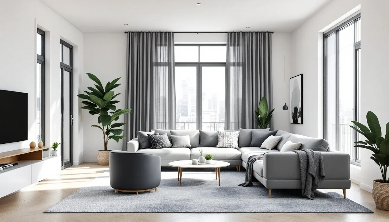 Modern minimalist living room with sectional sofa and open-plan layout demonstrating spatial zoning principles