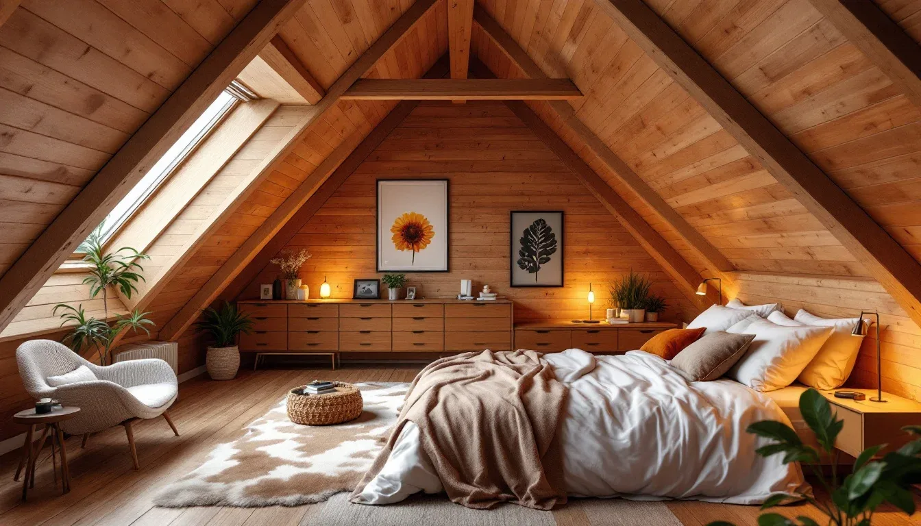 Cozy attic bedroom with exposed wood beam ceiling, skylight, warm lighting, and bohemian decor in converted loft space