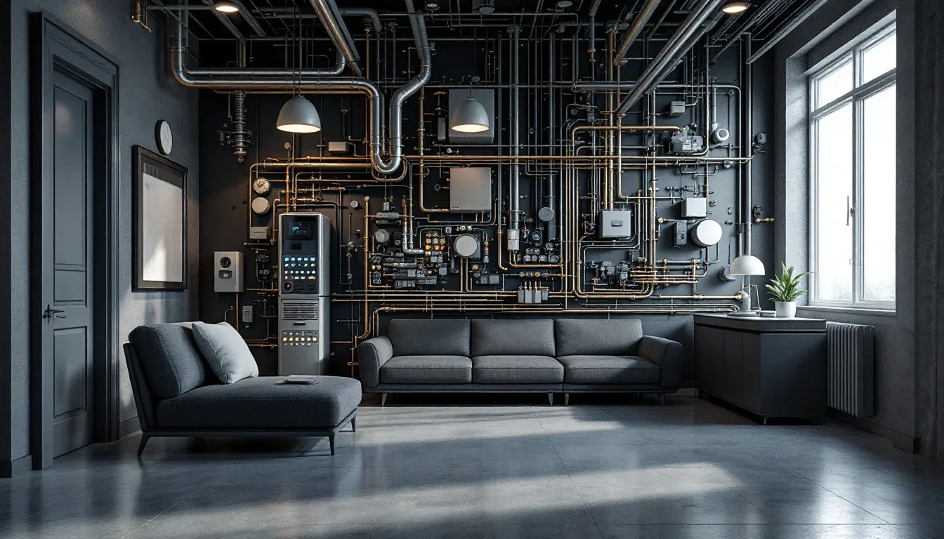 Industrial interior with exposed pipes, HVAC systems, and mechanical components covering a dark wall in a modern space