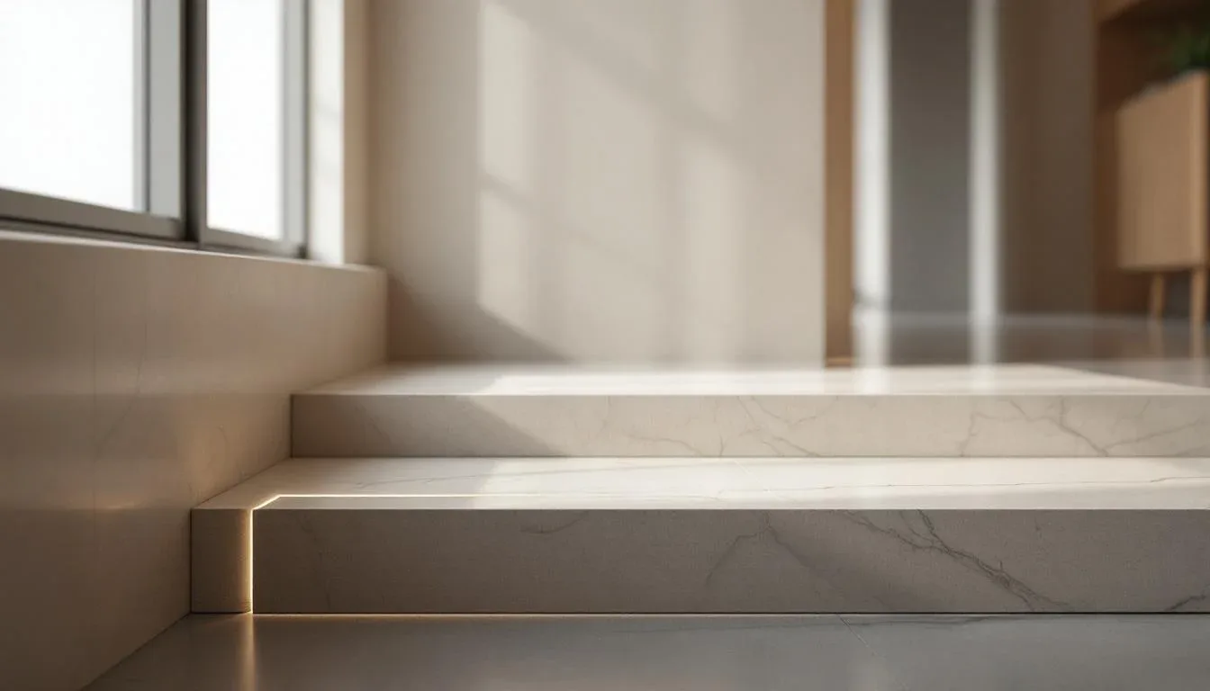 White marble threshold transition with LED strip lighting where two rooms meet in a modern minimalist interior