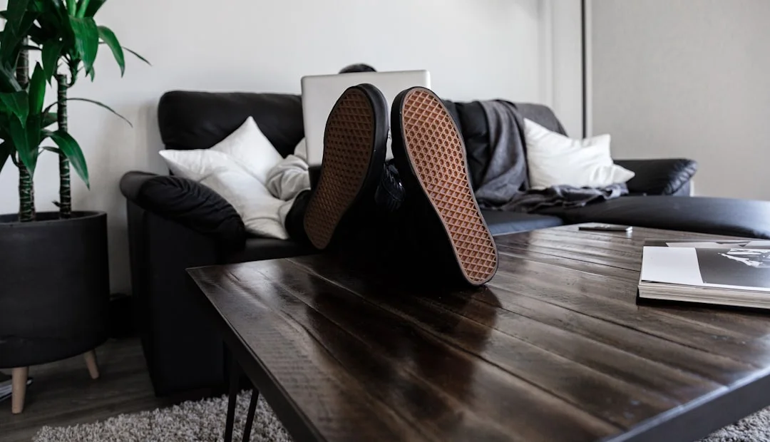 Japandi living room with dark sofa, wooden coffee table, white cushions and indoor plant