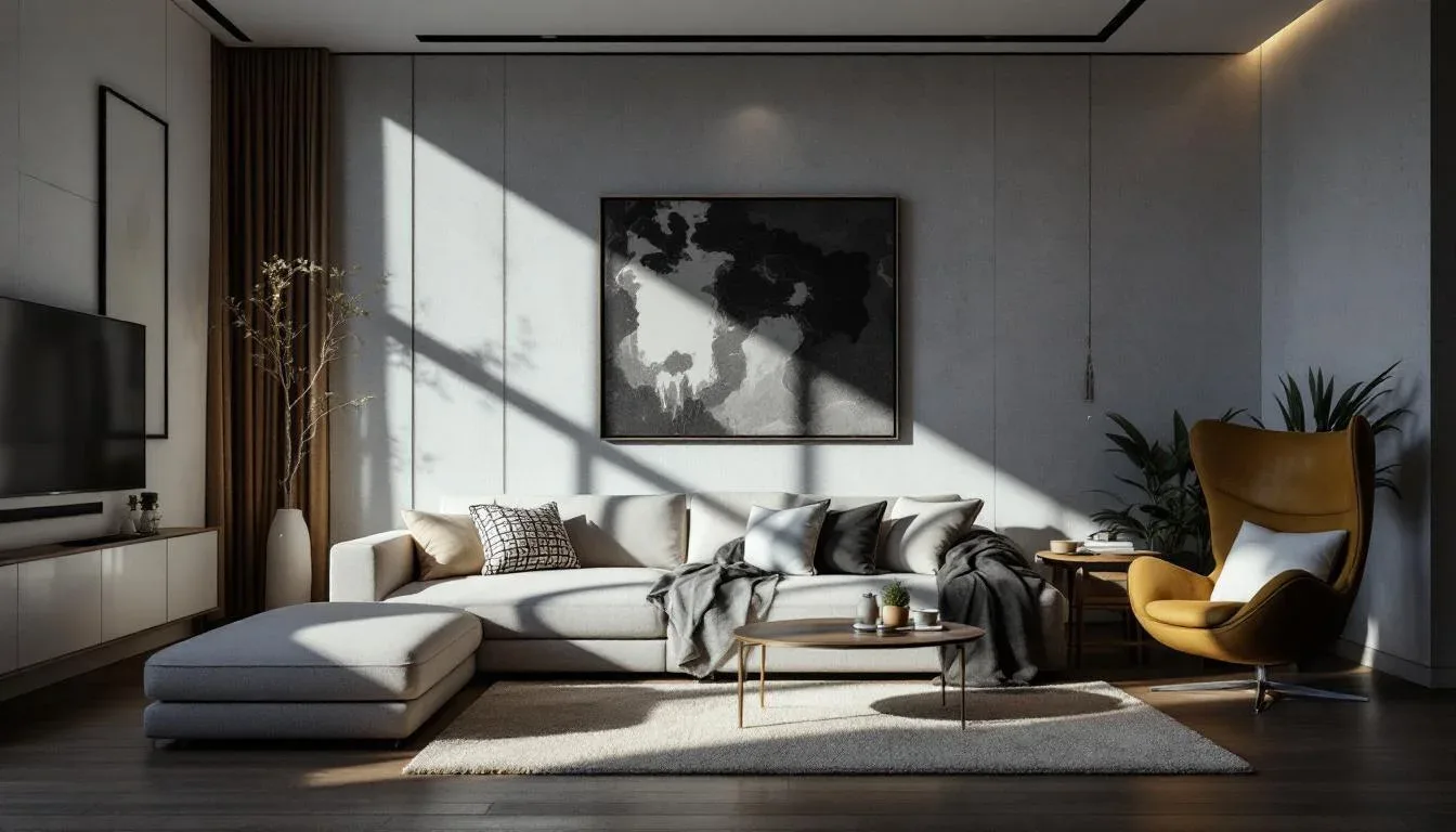 Modern living room with layered lighting, sectional sofa, accent chair, and dramatic natural light shadows on grey wall