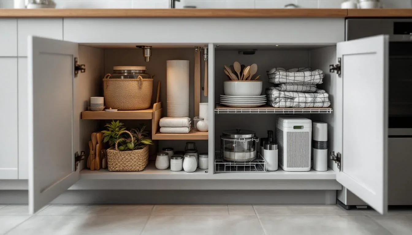 Organized under-sink kitchen cabinet with shelves, wicker baskets, white dishes, folded towels, and small appliances