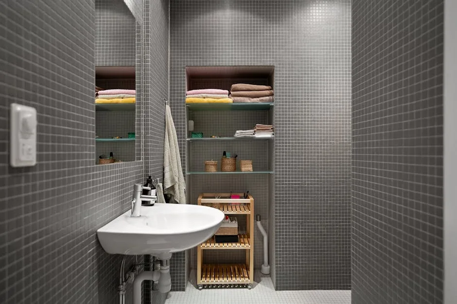 Small bathroom with floor-to-ceiling built-in shelves storing folded towels, baskets, and toiletries on grey mosaic tile
