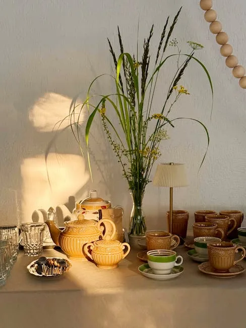 Vintage yellow ceramic teapot and sugar bowl set with brown mugs and mixed glassware on linen tablecloth
