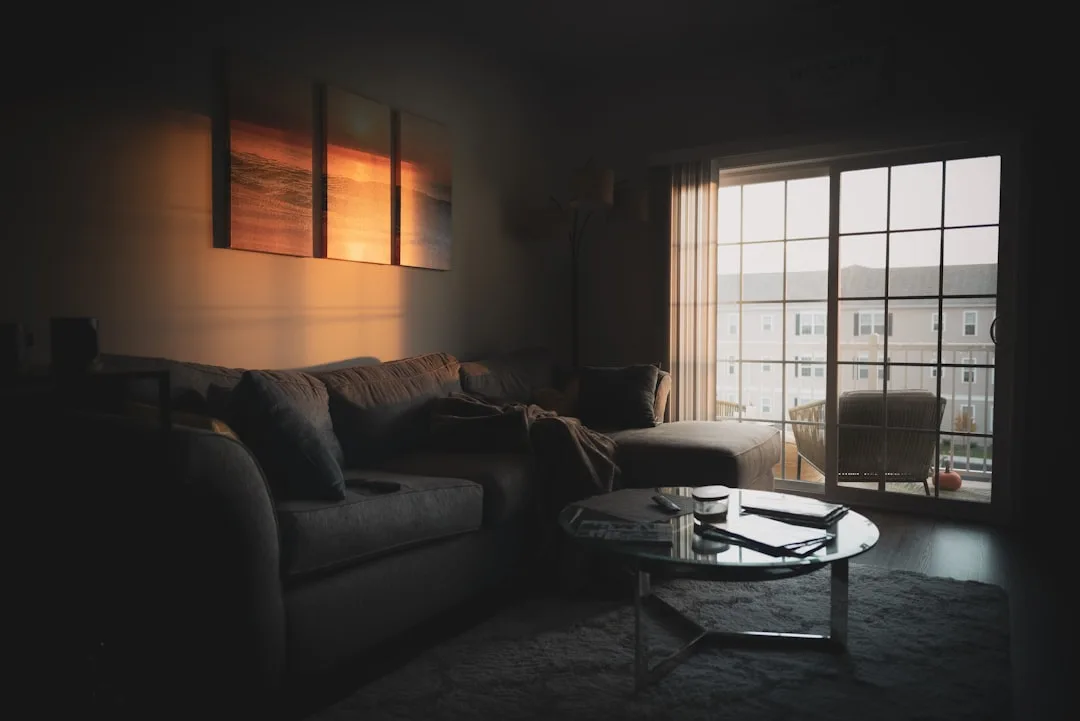 Dark aesthetic living room with moody lighting, gr