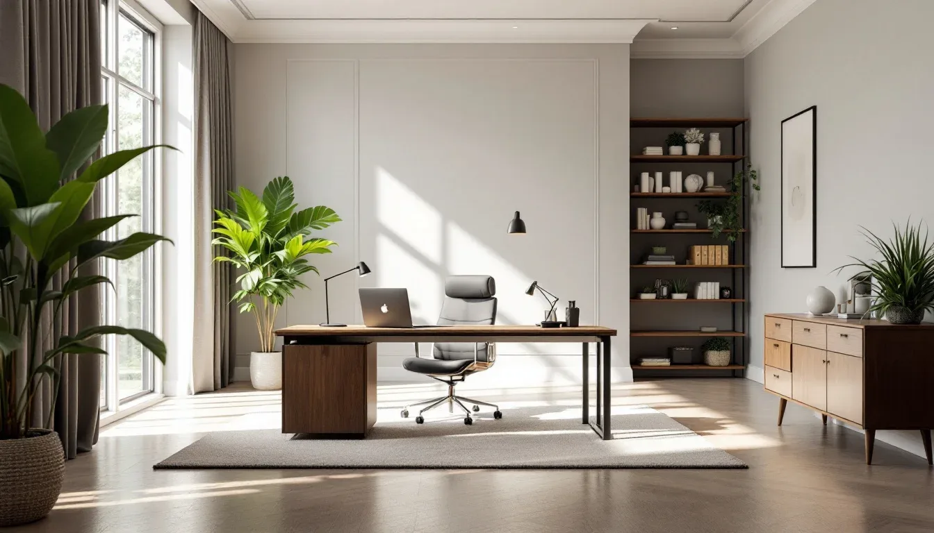 Modern doorless home office with wooden desk, ergo