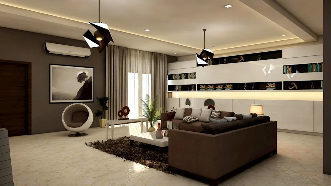 Modern living room interior design with brown sofa, pendant lights, built-in shelving, and luxury marble floors