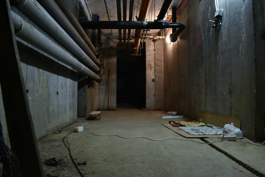 Exposed concrete basement utility corridor with overhead pipes, wiring, and bare floor showing partially finished baseme