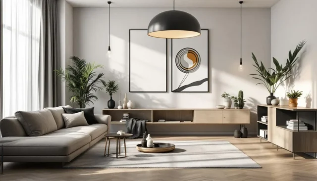 Modern Japandi living room with neutral tones, low