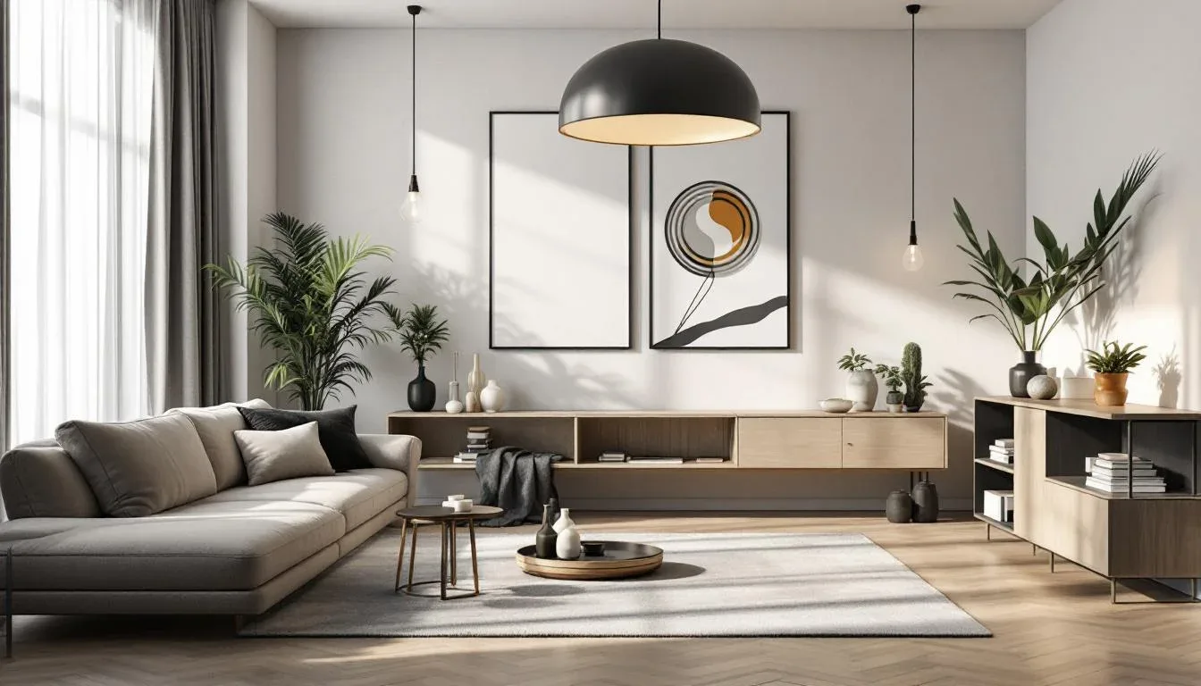 Modern Japandi living room with neutral tones, low