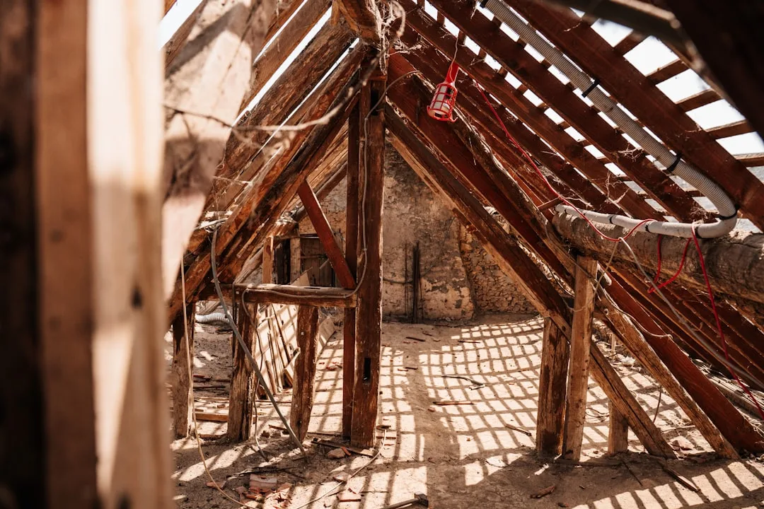 Exposed wooden roof trusses and rafters in an unfinished attic space showing raw structural framework before conversion