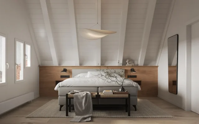 Scandinavian attic bedroom with slanted white ceil