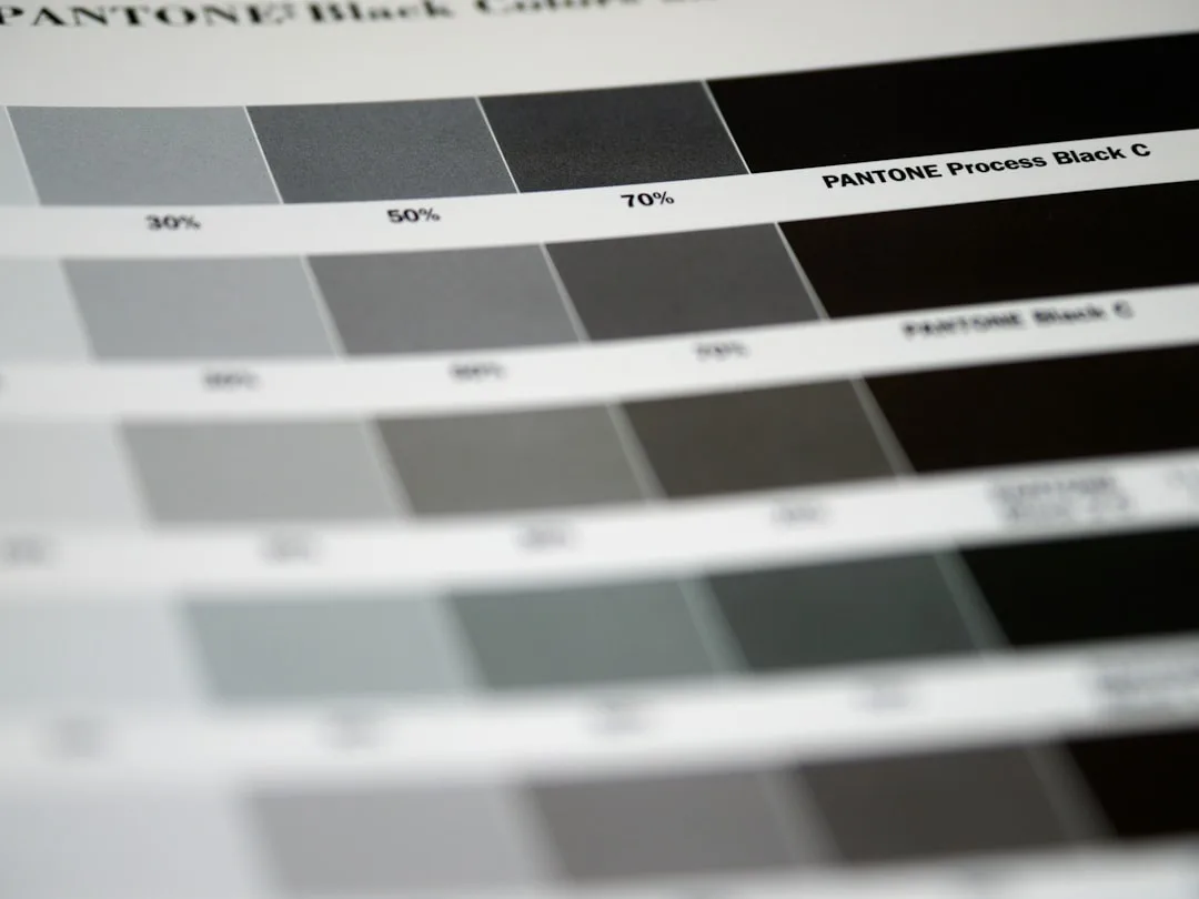 Pantone Black color guide swatches showing cool grey tones at 30%, 50%, 70% and Process Black C for design reference