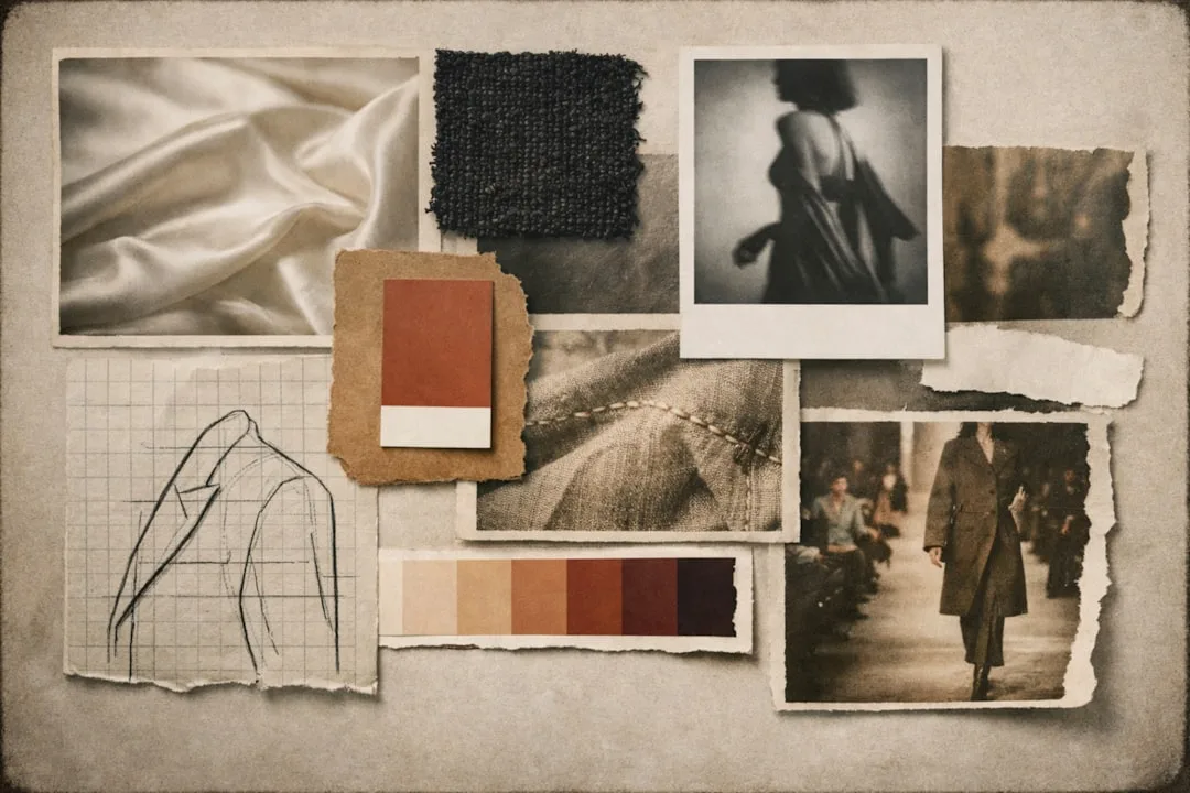 Fashion mood board with chocolate brown color palette swatches, fabric samples, and garment sketches for interior color 
