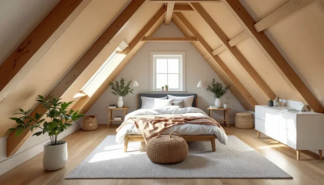 Bright attic bedroom conversion with exposed wood