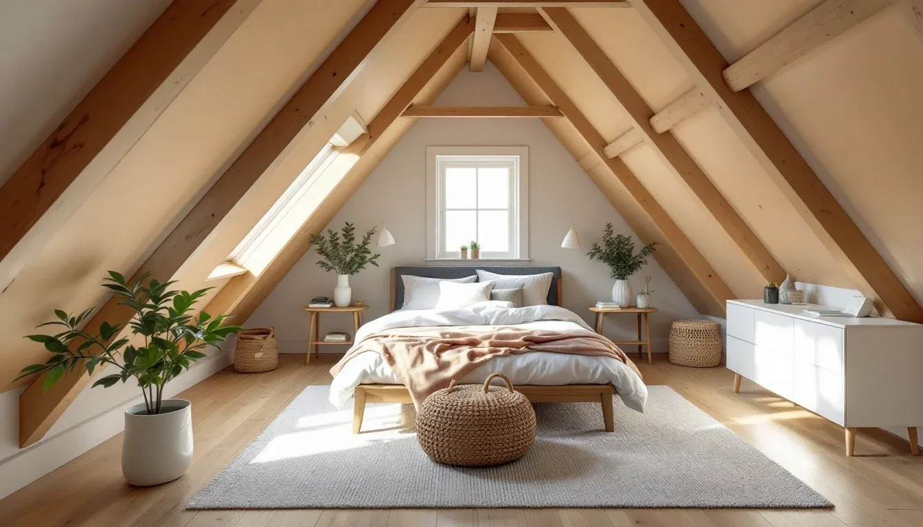 Bright attic bedroom conversion with exposed wood