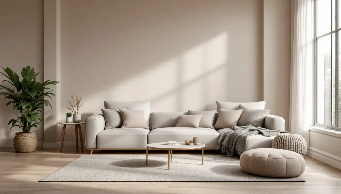 Minimalist living room with neutral beige and warm