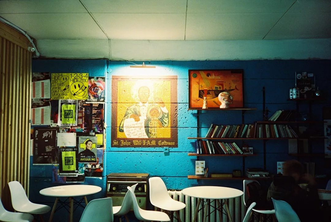 Grunge interior design cafe with blue concrete wal