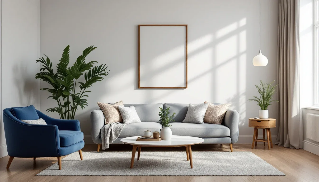 Scandinavian living room with gray sofa, blue accent chair, round coffee table and plants illustrating 3-5-7 decorating 