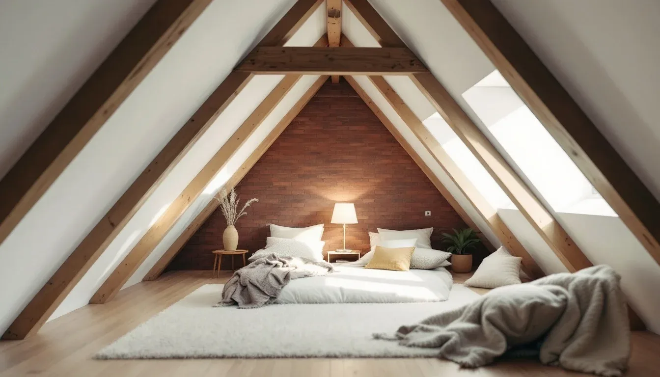 Attic bedroom conversion with exposed wooden roof trusses showing sloped ceiling height constraints under IRC 7-foot rul